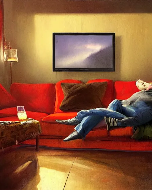 Prompt: hyper realistic oil painting of toad watching a movie chill on the couch and drink beer, long room, vibrant colors, high contrast, by greg rutkowski, trending on artstation, caricaturist