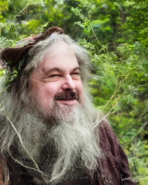 Image similar to photoshoot of peter jackson dressed as tom bombadil, lotr, tolkien, weta workshop style, hyperreal, soft focus, bokeh