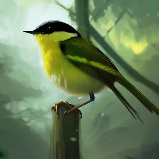 Prompt: green yellow and white wren, reyezuelo listado, in avila pinewood, 4 k, concept art, by wlop, ilya kuvshinov, artgerm, krenz cushart, greg rutkowski, pixiv. cinematic dramatic atmosphere, sharp focus, volumetric lighting, cinematic lighting, studio quality