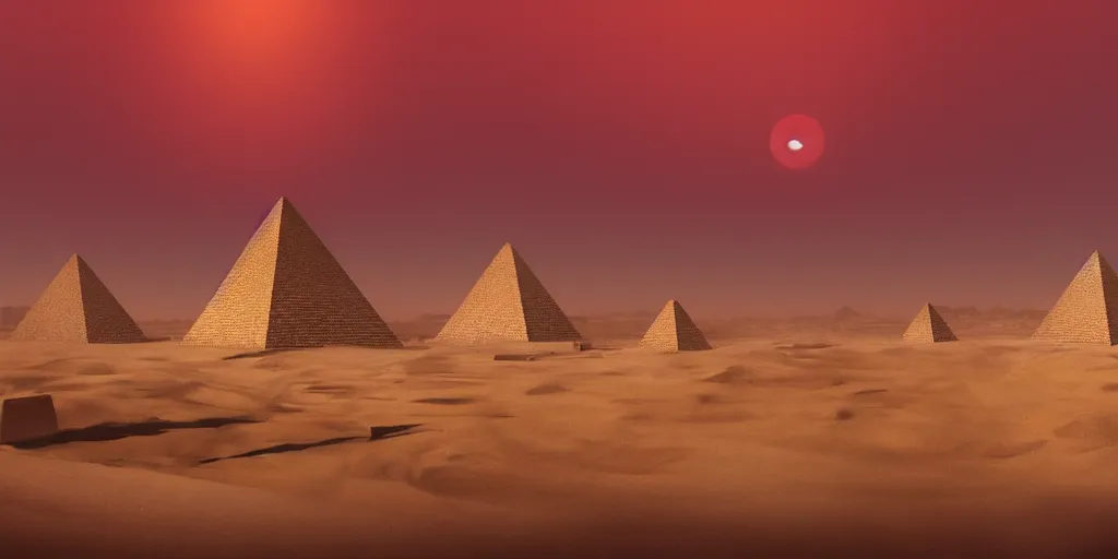 Image similar to an oil painting of a small city in the desert with only one pyramid in the center and walls that surround the city and a dark red sun, fantasy,hyper realistic, atmospheric lighting, cinematic, 8k,