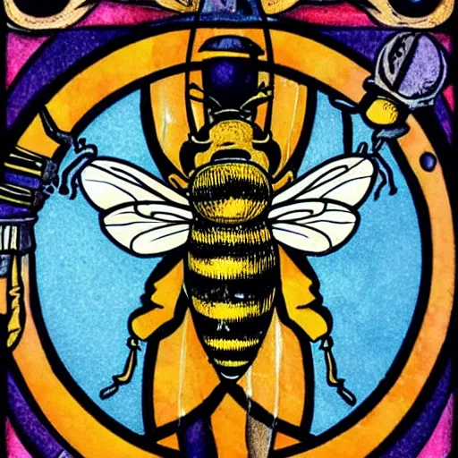 Image similar to a fierce dead bee in the middle of a bloody bullseye at the center of the crosshairs of a gun, art nouveau, fantasy illustration, tarot