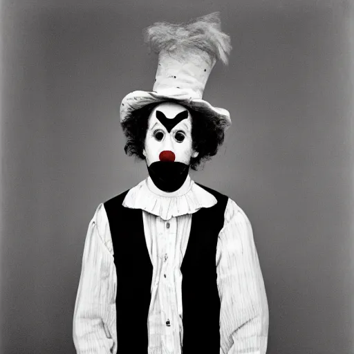 Image similar to portrait of a clown by diane arbus, black and white photography