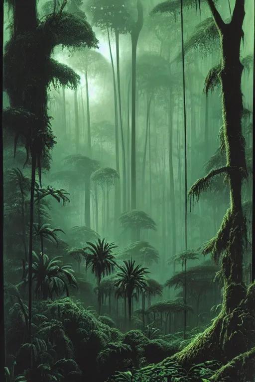 Prompt: emissary green endor jungle ( designated : ix 3 2 4 4 - a ) with small hooded figures with red eyes by arthur haas and bruce pennington and john schoenherr, cinematic matte painting, 8 k, dark color palate