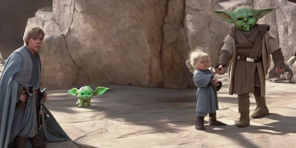 Image similar to Luke Skywalker teaches baby yoda at Jedi Temple scene from Force Awakens, 2022, serene, iconic scene, stunning cinematography, anamorphic lenses, kodak film