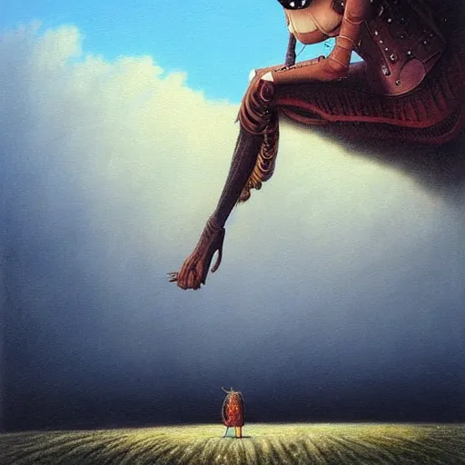 Image similar to a hyperrealistic painting of a steampunk uma thurman, blue skies, by john kenn mortensen and zdzislaw beksinski, highly detailed, vivid color,