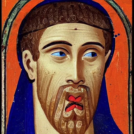 Image similar to A 11th century Italo-Byzantine painting of Jerma985, portrait of Jerma985, grainy, realistic, very realistic, hyperrealistic, highly detailed, very detailed, extremely detailed, very neat, very epic, very cool, detailed, trending on artstation