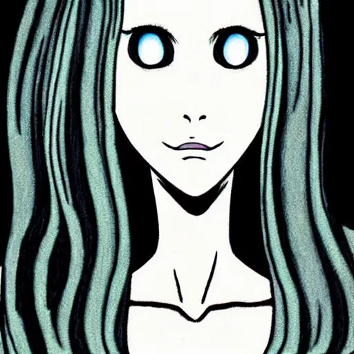 Image similar to a white girl withblack hair by junji ito, colored, realistic