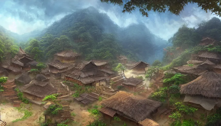 Image similar to matte painting of a beautiful tai lue village, digital art, trending on artstation