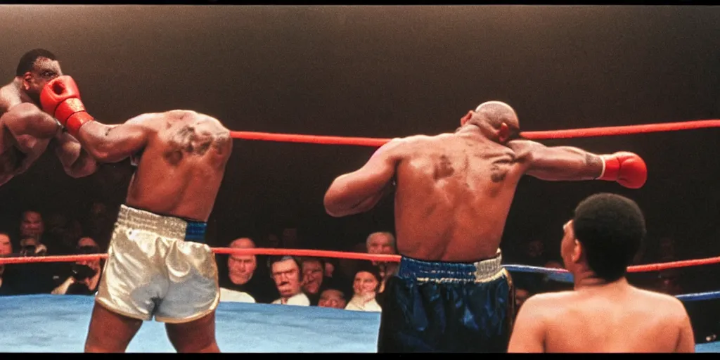 Image similar to detailed medium format photo, polaroid still from tarkovsky movie, mike tyson in a boxing match, haze, high production value, intricate details, 8 k resolution, hyperrealistic, hdr, photorealistic, high definition, tehnicolor, award - winning photography, masterpiece, amazing colors