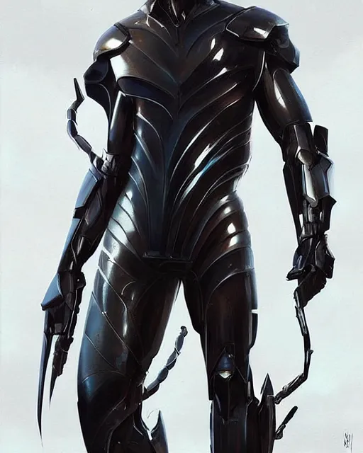 Image similar to wiry muscular male smooth sleek glossy black pearlescent scifi armor, by greg rutkowski and mark brookes and jim burns and tom bagshaw and magali villeneuve, trending on artstation