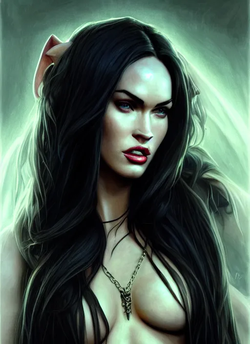 Prompt: portrait of megan fox as a evil demon, hornes, batwings, hell, jewelry, greek, dark, intricate, headshot, key visual, conceptart, ambient lighting, highly detailed, digital painting, artstation, concept art, sharp focus, by makoto shinkai and akihiko yoshida and greg manchess