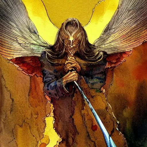 Prompt: a watercolor ink painting of a fallen demonic archangel with a broken halo wielding a jagged broken blade in the style of jean giraud in the style of moebius trending on artstation deviantart pinterest detailed realistic hd 8 k high resolution