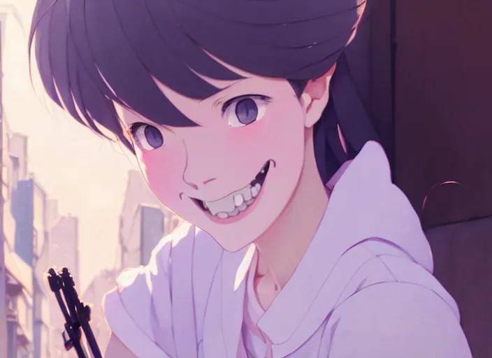 Image similar to a film still portrait of a young woman smiling, finely detailed features, closeup at the faces, perfect art, at a city street, gapmoe yandere grimdark, trending on pixiv fanbox, painted by greg rutkowski makoto shinkai takashi takeuchi studio ghibli, akihiko yoshida