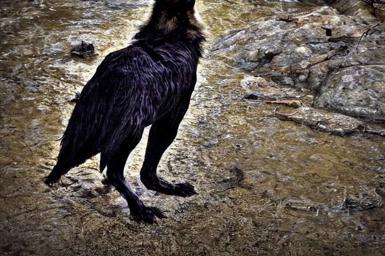 Image similar to ! human wolf crow werecreature, color photograph captured at creek