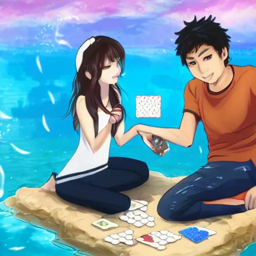 Image similar to aoi asahina and percy jackson playing go fish under the ocean, beautiful digital art