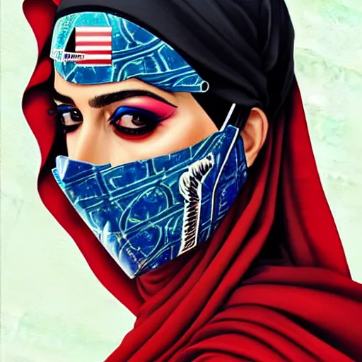 Image similar to a portrait of a saudi woman with side profile blood in ocean intricate details wearing a diver mask by MARVEL comics and Sandra Chevrier-C