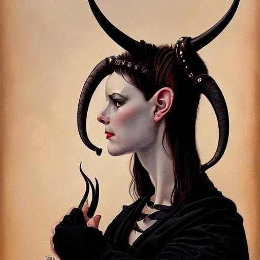 Prompt: portrait of a woman with horns and fully black eyes, by gerald brom