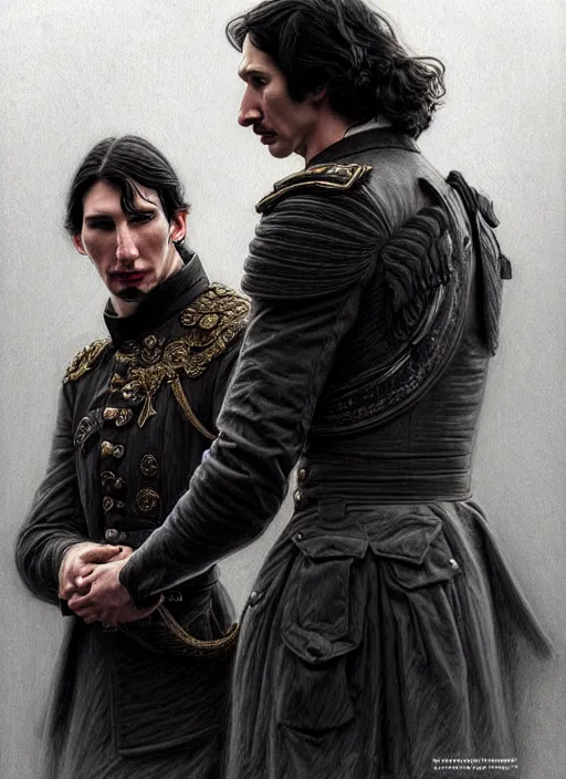 Image similar to portrait of two people, john oliver, adam driver, standing together, stoic, full body, military uniform, fantasy, intricate, elegant, beautiful, highly detailed, charcoal, centered, dark, smokey, digital painting, artstation, concept art, smooth, sharp focus, illustration, art by artgerm and greg rutkowski and alphonse mucha