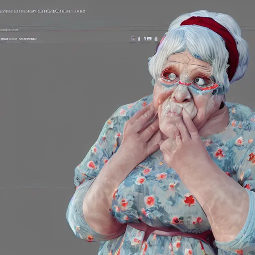 Image similar to of a very funny scene. ambient occlusion render. a sweet fat old woman is in kissing her reflection. flowery dress. mirror. symmetrical face, red mouth, blue eyes. deep focus, lovely scene. ambient occlusion render. concept art. unreal engine.