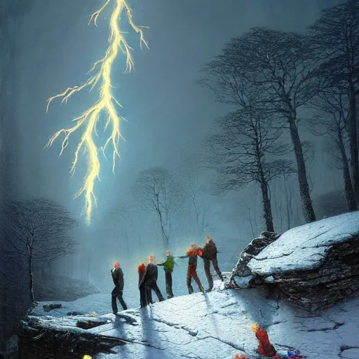 Image similar to a beautiful painting of group of climbers, extreme cold, storm, octane rendering, volumetric lightning, hyperrealism, no blur, 4 k resolution, ultra detailed, style of john atkinson grimshaw, ivan shishkin, tyler edlin, anato finnstark, edward robert hughes