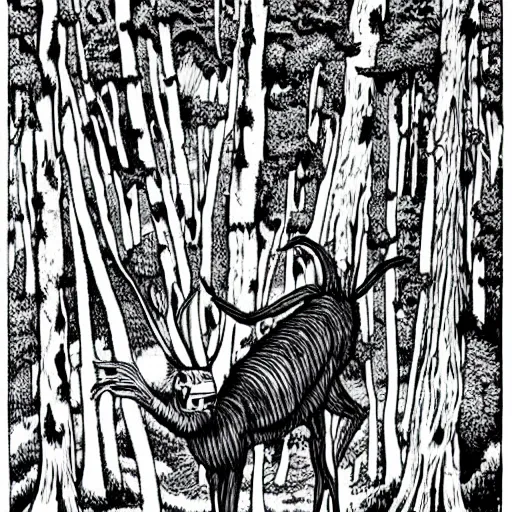 Prompt: a humanoid deer monster in a forest, by Junji Ito