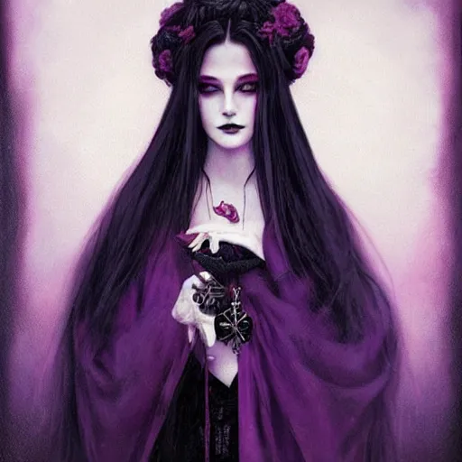 Image similar to a beautiful!! portrait of a blood witch, gothic kimono in purple and black!!!, blue eyes! by loish! and tom bagshaw