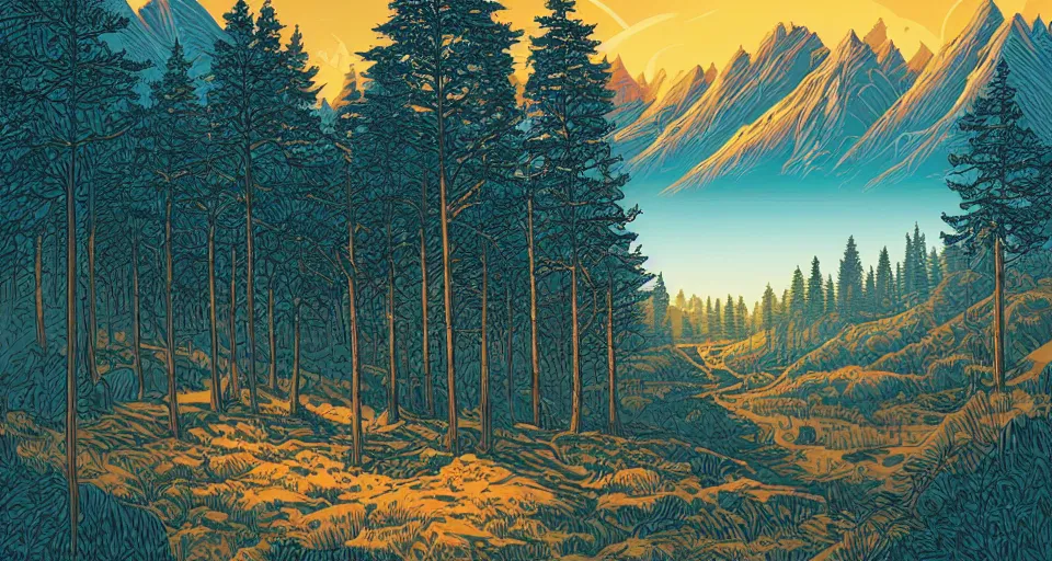 Image similar to a beautiful landscape with trees and mountains, by dan mumford