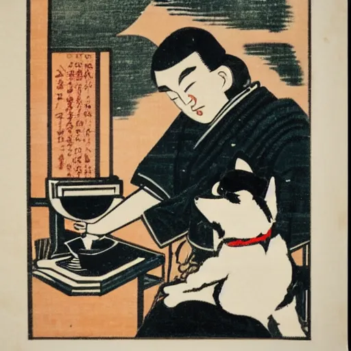 Prompt: Japanese woodblock print of a barista and his westie making espresso