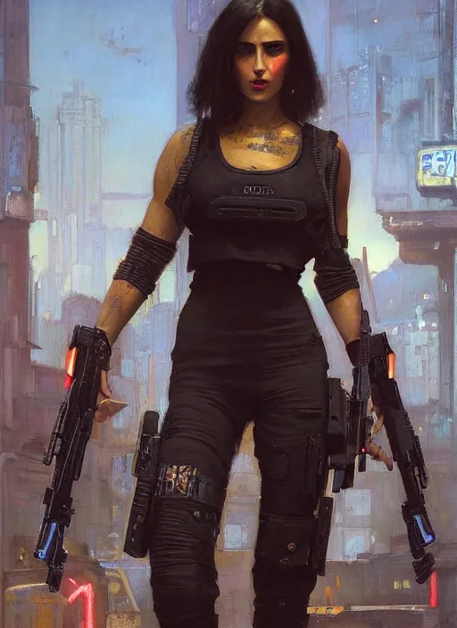 Prompt: Nikki. dangerous beautiful cyberpunk female USN marine wearing a military vest and military jumpsuit (cyberpunk 2077, bladerunner 2049). gorgeous face. Iranian orientalist portrait by john william waterhouse and Edwin Longsden Long and Theodore Ralli and Nasreddine Dinet, oil on canvas. Cinematic, hyper realism, realistic proportions, dramatic lighting, high detail 4k