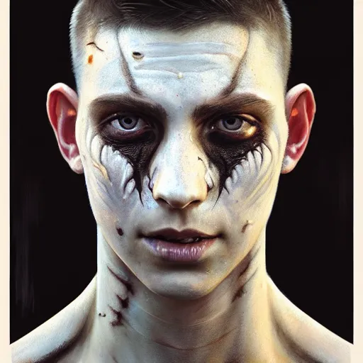 Image similar to portrait painting of young man with severe burn scars on his face and poorly cut short hair with a severe expression wearing tattered light armor, ultra realistic, concept art, intricate details, eerie, highly detailed, photorealistic, octane render, 8 k, unreal engine. art by artgerm and greg rutkowski and charlie bowater and magali villeneuve and alphonse mucha