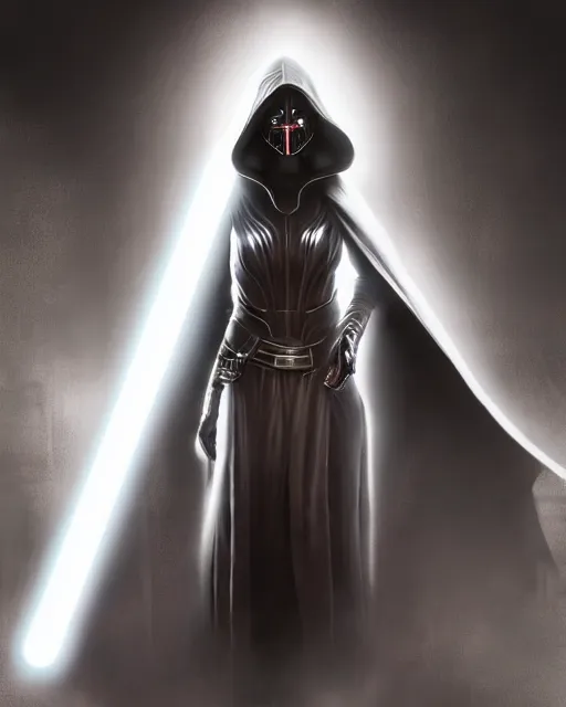 Image similar to half body shot, beautiful woman dark lord of the sith wearing a hooded jedi cloak, standing in deathstar hallway, rim light, volumetric lighting, digital painting, artstation, concept art, smooth, sharp focus, illustration, art by arney freytag, glamour pose, greg rutkowski, soft ambient lighting, particle effects