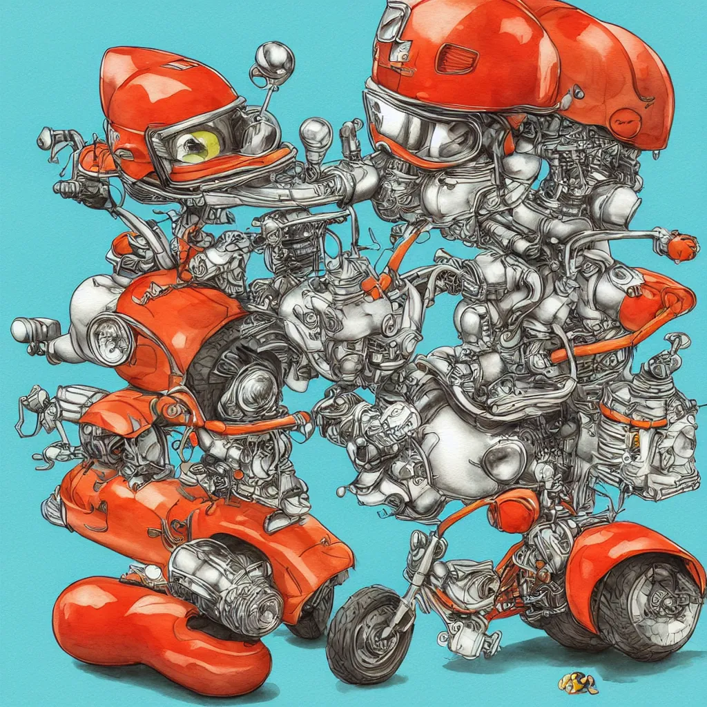 Image similar to cute and funny, squirrel wearing a helmet riding in a hot rod with oversized engine, ratfink style by ed roth, centered award winning watercolor pen illustration, isometric illustration by chihiro iwasaki, edited by range murata, tiny details by artgerm and watercolor girl, symmetrically isometrically centered, sharply focused