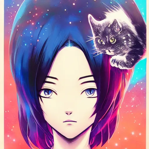 Prompt: A fantastic cosmic entity with big and cute eyes, holding a cat || VERY ANIME, fine-face, realistic shaded perfect face, fine details. Anime. realistic shaded lighting poster by Ilya Kuvshinov katsuhiro otomo ghost-in-the-shell, magali villeneuve, artgerm, Jeremy Lipkin and Michael Garmash, Rob Rey and Kentarõ Miura style, trending on art station