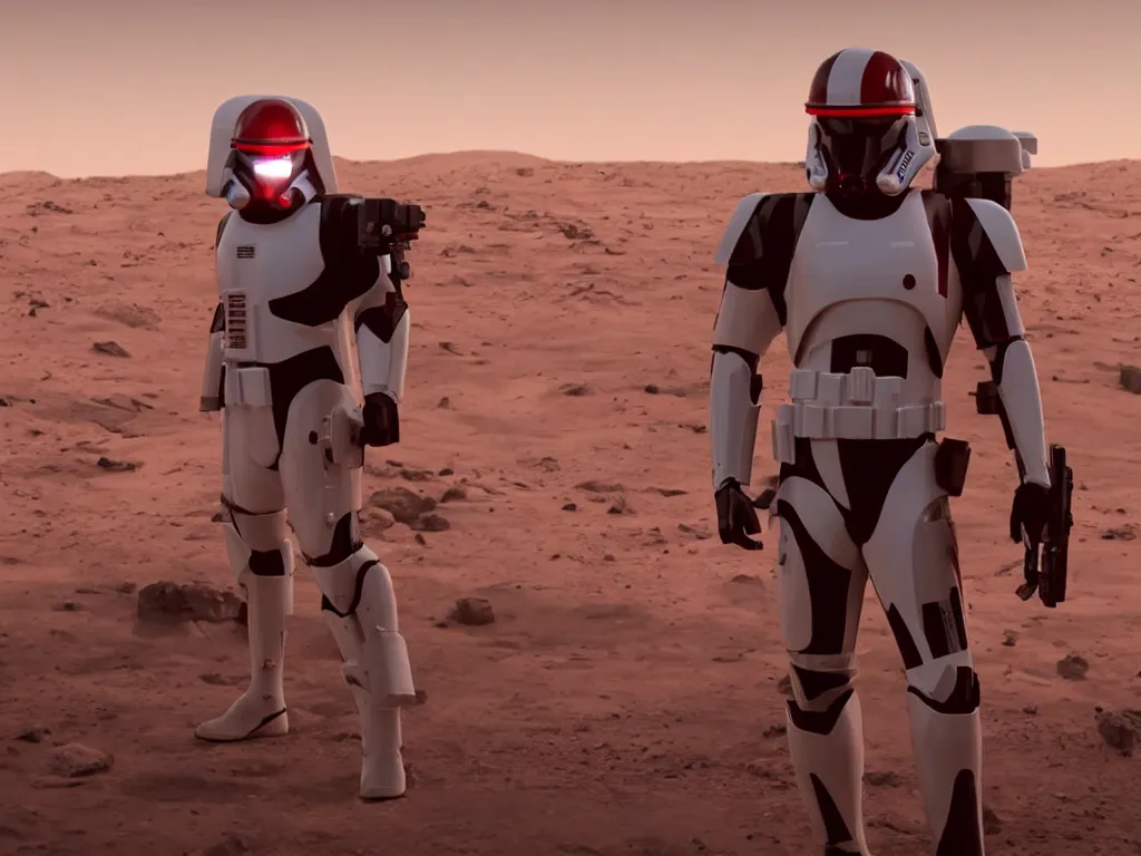 Image similar to gigachad space trooper in glossy sleek white armor with small red details, no helmet, red cape, heroic posture, firing laser rifle, muscular, athletic, on the surface of mars, explosions in the background, nighttime, dramatic lighting, cinematic, movie still from star wars