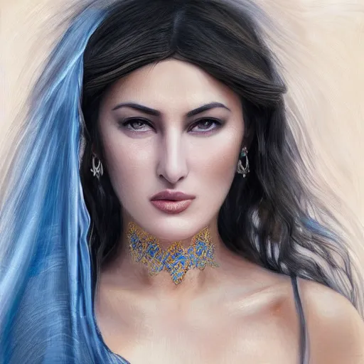 Prompt: Beautiful face Portrait of crying young arab Monica Bellucci, really big blue ocean color huge eyes, blue indygo thunder lightning, long wavy black hair, white veil, blue fire, closeup, focus face, middle eastern, dramatic lighting, intricate, wild, highly detailed, digital painting, artstation, concept art, smooth, sharp focus, illustration, art by artgerm and greg rutkowski and alphonse mucha, footage from space camera