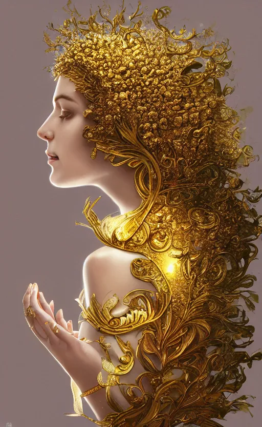 Image similar to a gold mucha oil painting hyperrealism of a beautiful woman on a white background, flowers, in a gold robe, floral headdress, 8 k resolution, octane render, trending on artstation, by gediminas pranckevicius, volumetric light 2 blue fractal thunder glow by dan mumford, anaglyph effect, laurie lipton