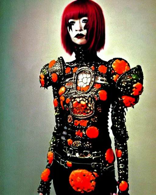 Image similar to portrait of a skinny punk goth yayoi kusama wearing armor by simon bisley, john blance, frank frazetta, fantasy, thief warrior, floral flowers colorful