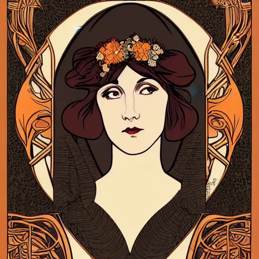 Image similar to art nouveau poster portrait of a woman, in the style of Mucha, on a detailed geometric art nouveau background design