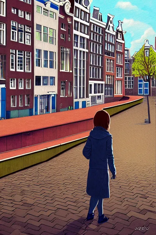 Image similar to alone in amsterdam, realistic, art by jacqueline e, color by tafy laplanche, background by bo feng lin