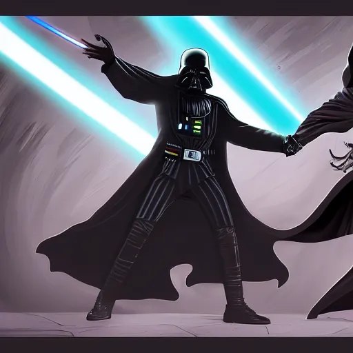 Image similar to beautiful digital painting of rick sanchez fighting darth vader. trending on artstation