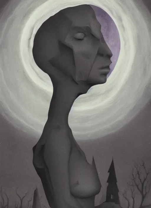 Image similar to surrealism, low polygon, a dark witch in front of the full big moon, painting by abercrombie, gertrude