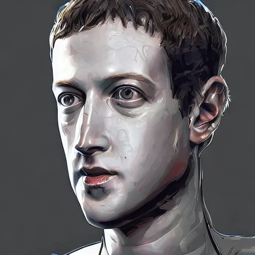 Prompt: Mark Zuckerberg cyborg robot terminator, bust portrait, photorealistic, artstation, anime, outfit-of-the-day, instagram, fashion outfit, inspo, street outfit, fashion model, fashion model, ootd, kpop, idol, flcl cover, yoji shinkawa greg rutkowski Craig Mullins Noah Bradley mark arian, selfie, bust portrait, ilya kuvshinov, trending on artstation, artstation hq, very very very beautiful, symmetrical, vignette, photoshop, clip studio paint, paint tool sai, J.C. Leyendecker WLOP