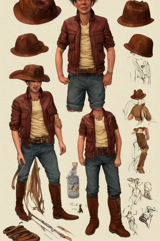 Image similar to character design, reference sheet, uncropped, 40's adventurer, unshaven, optimistic, stained dirty clothing, straw hat, riding boots, red t-shirt, dusty brown bomber leather jacket, detailed, concept art, photorealistic, hyperdetailed, , art by Leyendecker and frazetta,