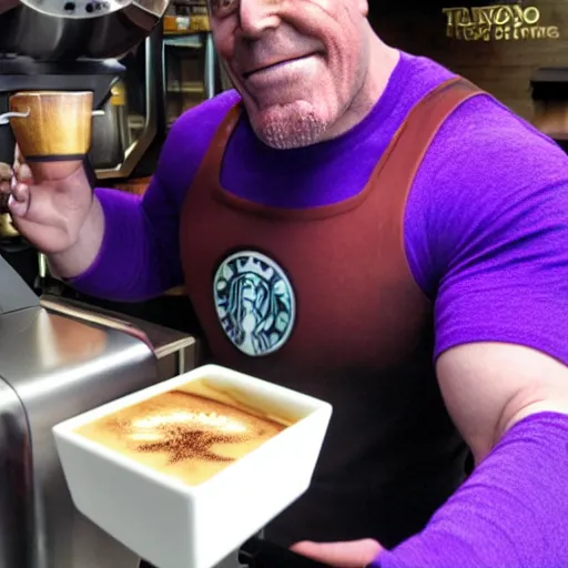 Image similar to thanos as a starbucks barista, serving iron man