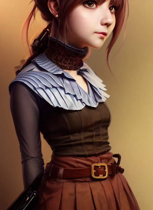 Image similar to portrait of a full body of beautiful young female detective, d & d, sleeveless turtleneck, pleated skirt, fantasy, flat lighting, intricate, highly detailed, digital painting, artstation, concept art, smooth, sharp focus, illustration, misa amane, art by simon bisley and greg rutkowski and alphonse mucha, natural tpose