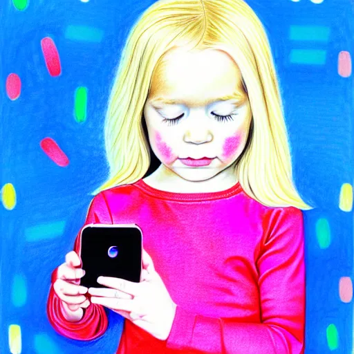 Image similar to 3 year old blonde girl with iphone, colored pencil on white background by eloise wilkin