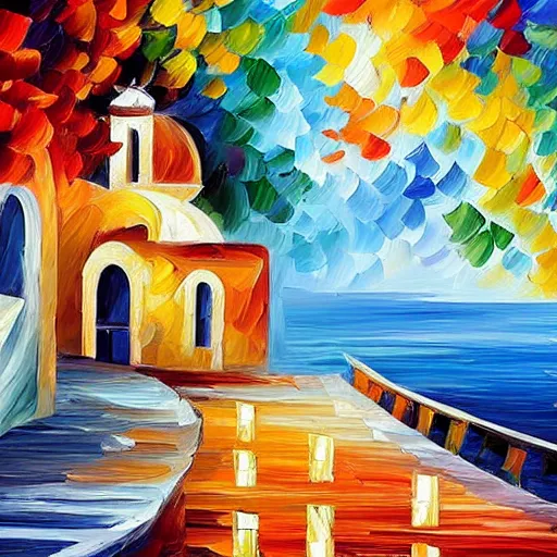 Image similar to beautiful seaside greek village in the style of leonid afremov