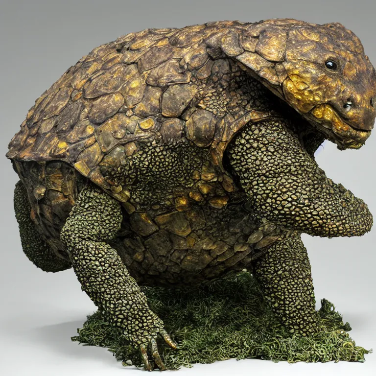 Prompt: hyperrealistic sculpture of a bronze fossilized ancient snapping turtle with pine trees growing out of its back dusted with saffron and deep blue and grass green spraypaint and honeycomb in a grid cage on a pedestal by ron mueck and duane hanson and lee bontecou, hyperrealistic dramatic colored lighting trending on artstation 8 k