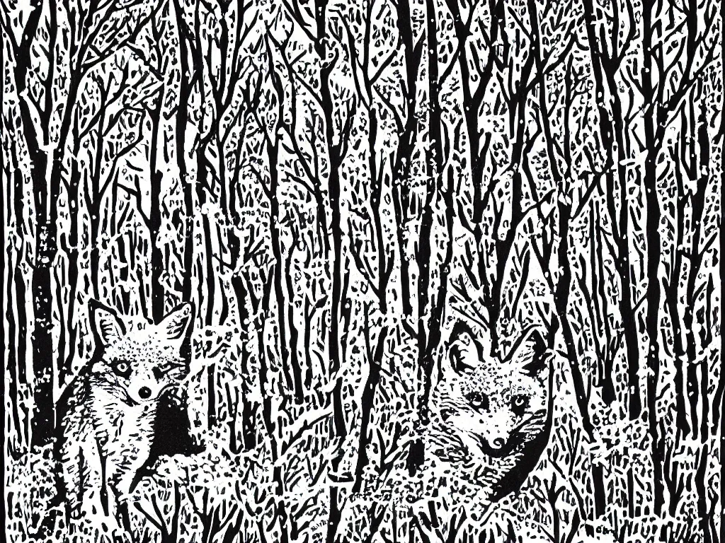 Prompt: lino cut in black of a red fox in the woods in winter