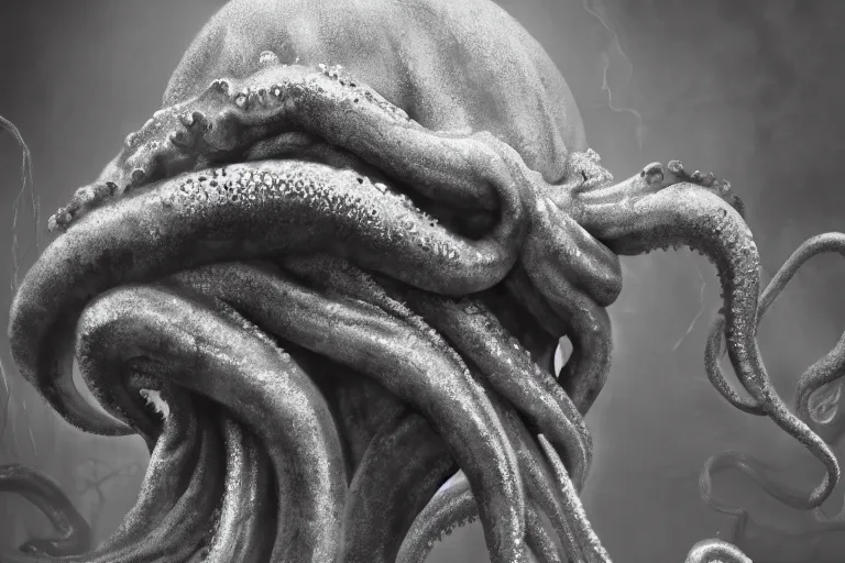 Prompt: ultra realist soft painting of the head of Cthulhu barely visible in the fog, slimy tentacles, very intricate details, ultra dense fog, golden ratio, volumetric black and white lighting, reflections, refractions, symmetry accurate anatomy features, unreal render